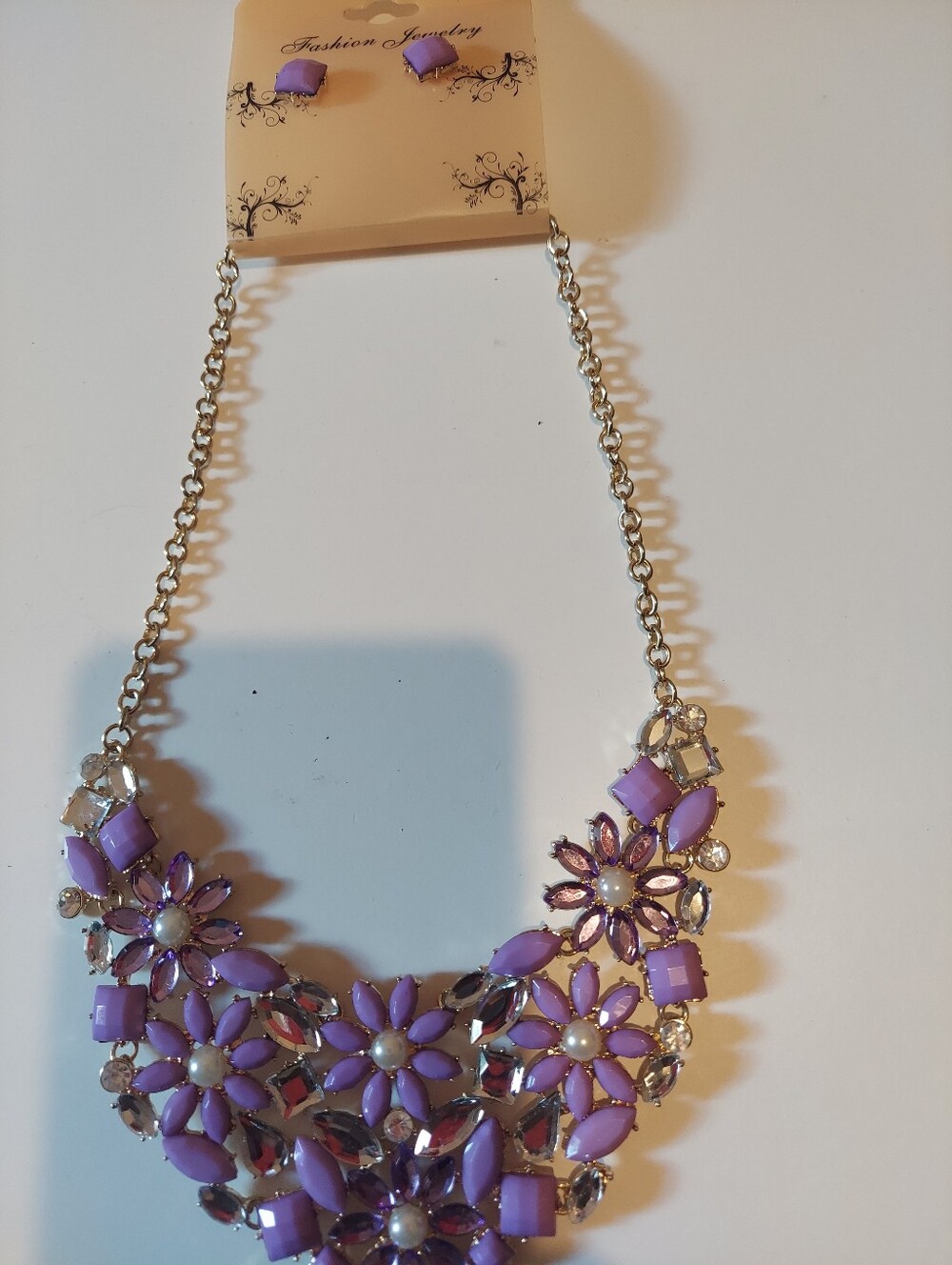 Fashion Jewelry Lavender Floral Bib Necklace with Crystal Accents